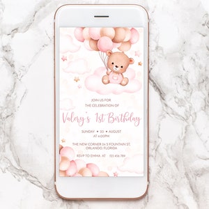 Editable 1st Birthday Evite. Personalized Pink Teddy Bear electronic Template. Baby girl pink and brown Party Invite, air balloons 3GB