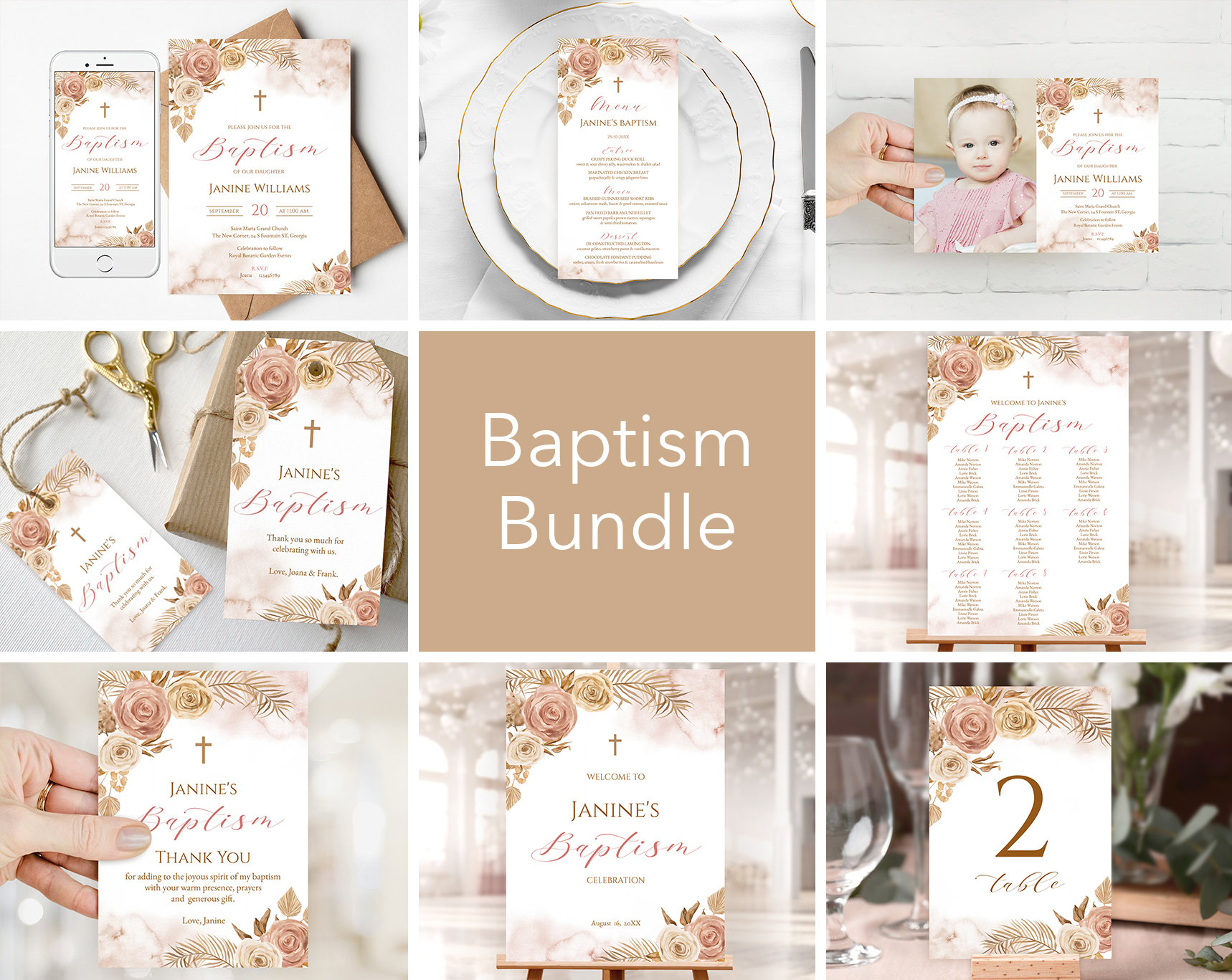 Editable Girl Baptism Bundle. Personalized Templates Blush Rose, Dust ...