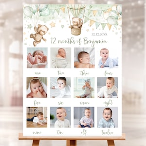 Bannière photo MODIFIABLE du 1er anniversaire. Panneau personnalisé pour bébé garçon de 12 mois. Vert sauge, ours en peluche doré, fête en montgolfière. 18x24", 24x36" SGB