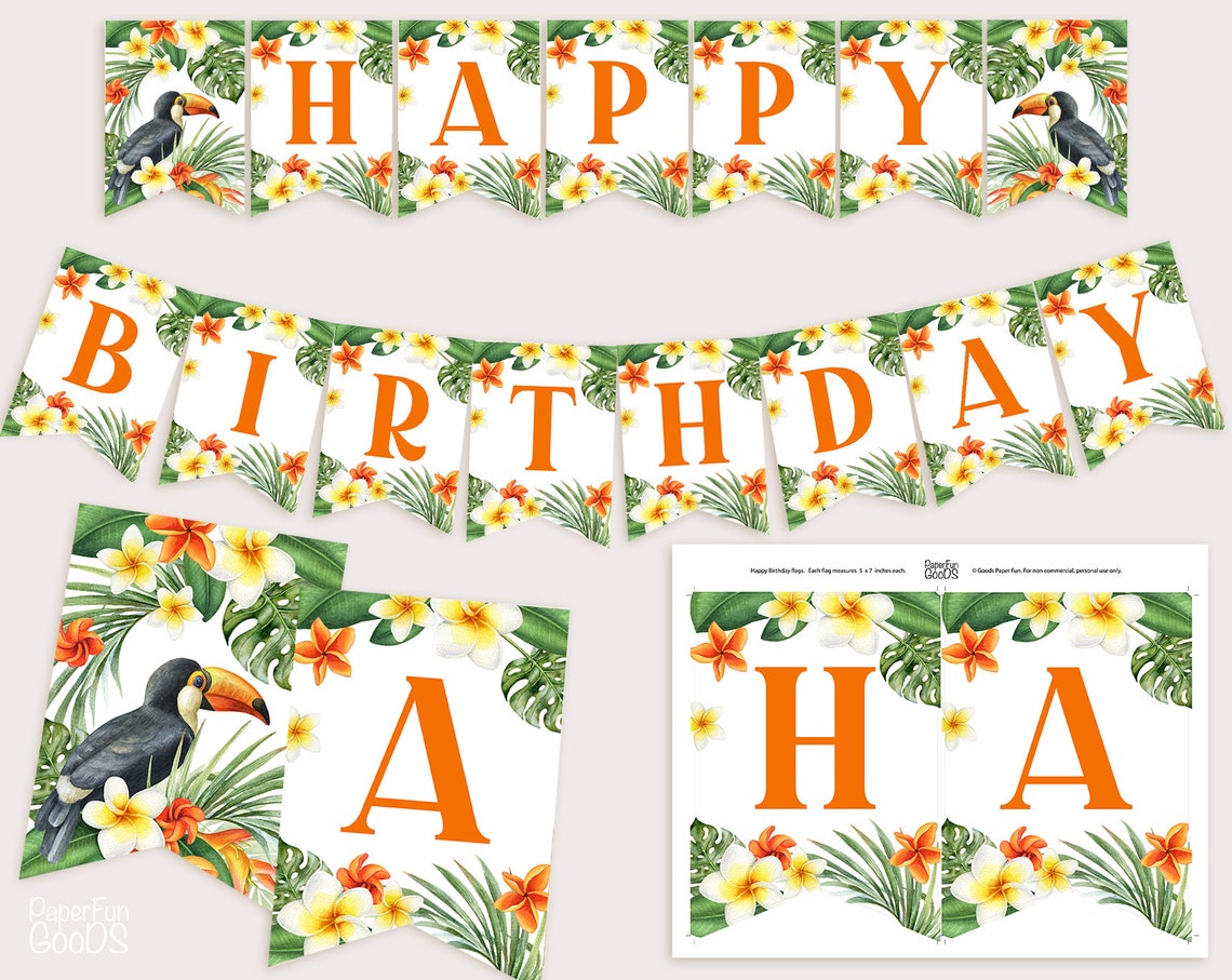 HAPPY BIRTHDAY Tropical Banner. Printable Digital Party Decoration ...