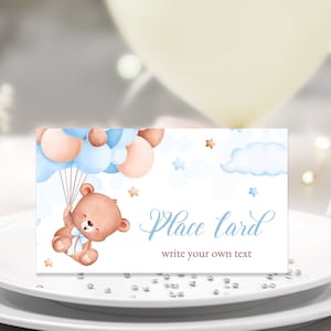 Segnaposto battesimo modificabile. Tema personalizzato dell'orsacchiotto, festa di battesimo del ragazzo. Bomboniera, etichetta alimentare, Tent Card digitale 3,5x2'' BBB