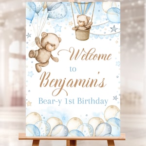 Cartello di benvenuto A1 compleanno MODIFICABILE. Striscione personalizzato per il compleanno di un neonato. Decorazione per feste in mongolfiera dell'orsacchiotto. LIMA 23,4x33,1'' misura BB7