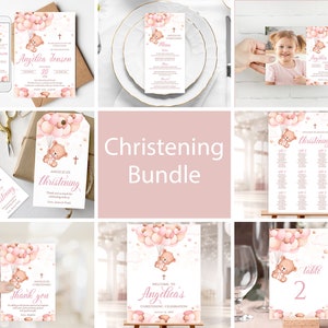 Bundle de baptême de fille modifiable. Ours en peluche rose beige personnalisé, décor montgolfière Baptême Bébé 1ère Communion croix Corjl Templates PCG