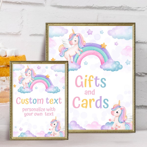 Editable Unicorn Birthday Signs set. Girl magical Rainbow pastel unicorn Favor sign. 4th Birthday party, Corjl Template 8x10", 5x7''. UNI