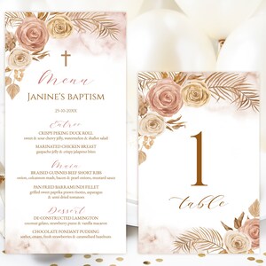 EDITIERBARE Menükarte und Tischnummer. Taufe blush floral, staubrosa, beige Blumen. Taufkerze Boho Tischdeko. 1 Kommunion Kreuz. BRG