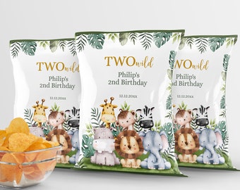 EDITABLE digital TWO Wild Chip Bag. Personalized Safari animals, Jungle 2nd Birthday party, candy, cookie bag. Party Favor, Corjl. SA2