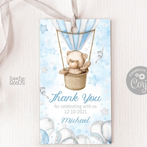 EDITÁVEL Tags de agradecimento. Tag personalizada para festa de meninos. Etiqueta prateada azul de aniversário digital. Decoração com balão de ar quente Teddy Bear. Etiqueta de favor. 012