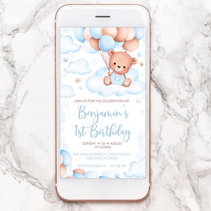 Editable 1st Birthday Evite Template. Personalized Electronic invite, Teddy Bear, air balloon,  Baby Boy blue and beige Party 3BB