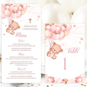 Scheda menu e numero del tavolo MODIFICABILI. Battesimo dell'orsacchiotto rosa, decorazione in mongolfiera. Decorazione tavola Battesimo bimba. Croce della Prima Comunione PCG