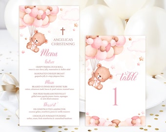 EDITABLE Menu card and Table Number. Christening Pink Teddy Bear, air balloon decor. Baptism Baby Girl table decor. 1st Communion cross PCG