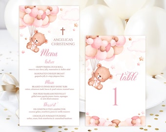 Carte de menu et numéro de table MODIFIABLES. Baptême Ours en peluche rose, décor de montgolfière. Décor de table baptême bébé fille. Croix de 1ère Communion PCG