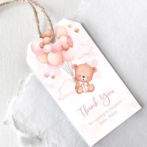 Modello modificabile di tag di ringraziamento con orsetto rosa. Bomboniera per la prima festa di compleanno di una bambina, mongolfiera, tema Teddy Bear. 3GB