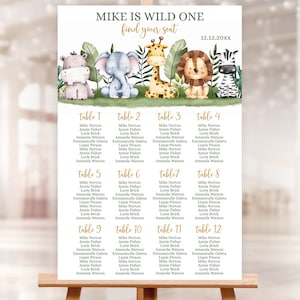 Modèle numérique MODIFIABLE de plan de table pour le 1er anniversaire sauvage. Trouvez votre place Safari, enseigne de fête animaux de la jungle 24 x 36 po. SAB