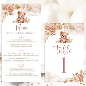 Scheda menu digitale MODIFICABILE 4x8 pollici e numero tabella 4x6 pollici. Orsacchiotto Baby Shower. Decorazione da tavola Baby Sprinkle. Modelli Corjl stampabili DPG