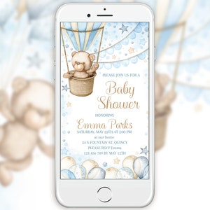 Modello modificabile per invito elettronico per baby shower. Invito personalizzato per una festa per neonati, orsacchiotto, mongolfiera Evite. 007