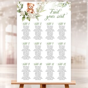 Bewerkbare genderneutrale stoeldiagramsjabloon. Jongen meisje teddybeer babyshower, gender reveal, strooi douche, Corjl sjabloon 24x36". GN1