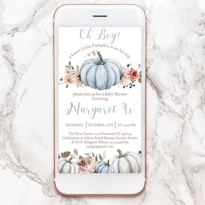 Editable Digital Baby Shower Evite, electronic Template. Personalized Blue pumpkin autumn Baby Sprinkle, It&#39;s a boy party, Fall flowers. P22