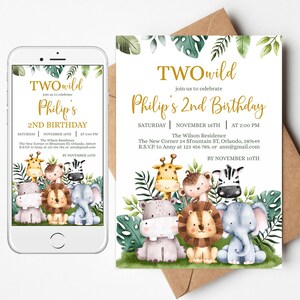 Bearbeitbare ZWEI Wild 2. Geburtstag Invite/Evite Vorlage. Personalisierte Safari, wilde Dschungeltiere einladen, grün, Goldfarbe. SA2