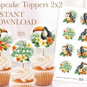 Topper cupcake stampabili. Tag preferiti. Decorazioni per compleanni tropicali. Decorazione per feste Tucano dei Tropici. Download immediato di PDF, JPEG. 002