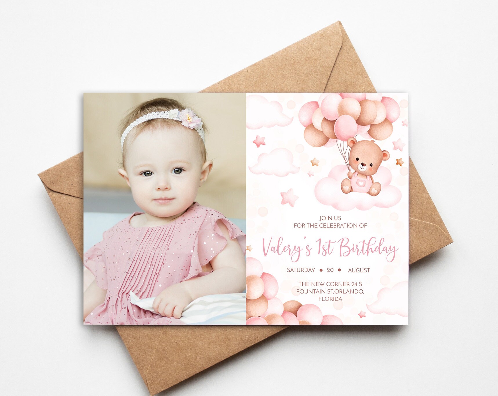 Editable Pink Teddy Bear Birthday Invitation Template With Photo. 1st ...