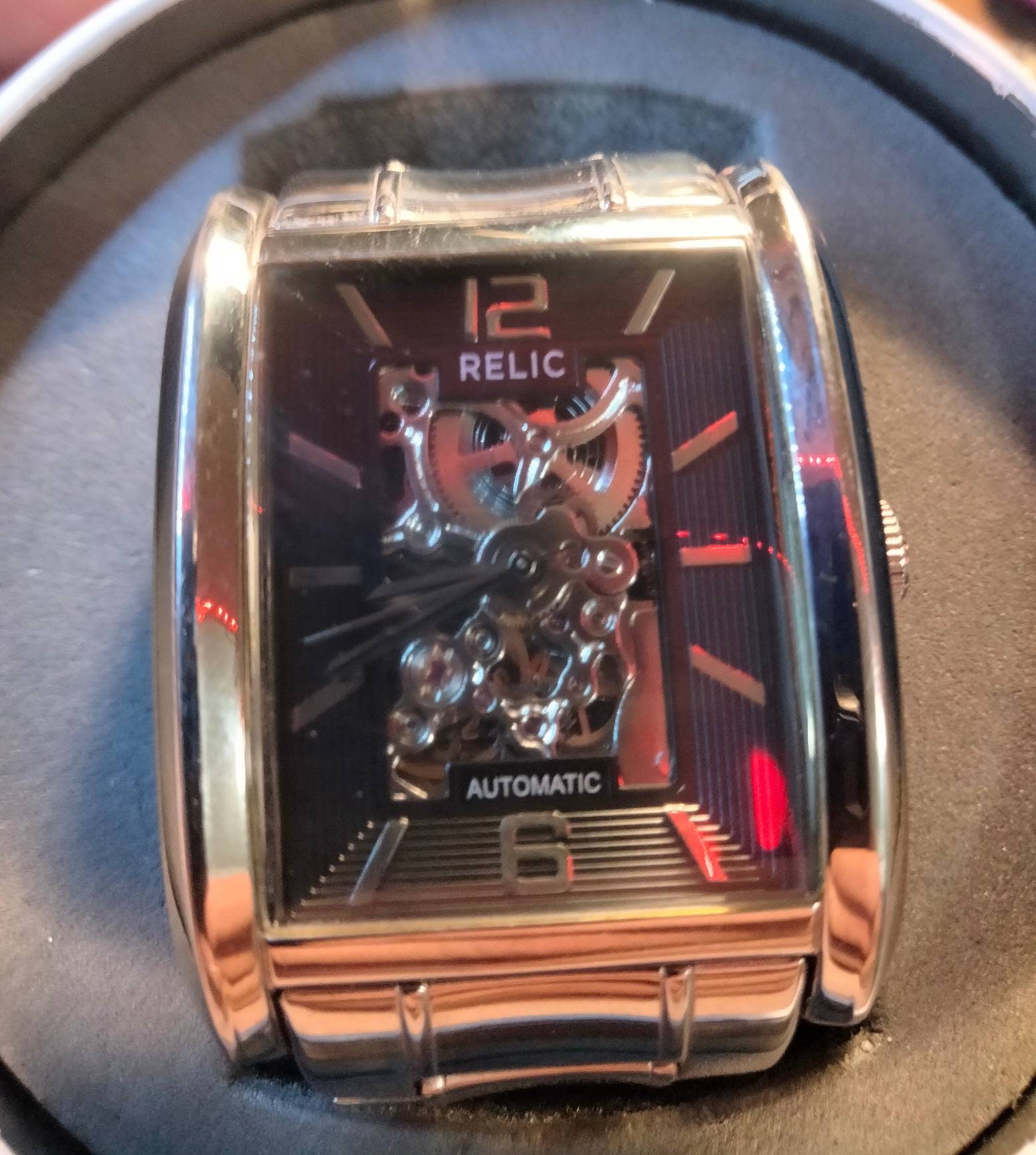 Relic ZR77234 Automatic Rectangular Skeleton Watch. With Its Can