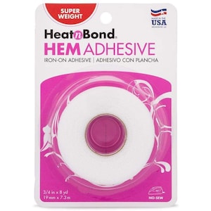 May include: HeatnBond hem adhesive, iron-on adhesive, in a package with a white roll of adhesive. The package is white and pink, with text that reads "Super Weight" and "Made in the USA". The roll measures 3/4 in x 8 yd.