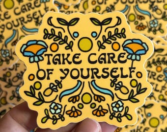 Take Care of Yourself Sticker –  Floral Self Care Vinyl Sticker – Mental Health Positive Quote Aesthetic, laptop decal