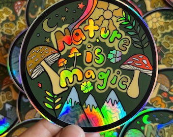 Nature Is Magic Holographic Sticker – Trippy Mountains, Mushrooms, Sun & Moon – 3.5” Waterproof Vinyl – Boho Hiker Gift, Waterbottle decal