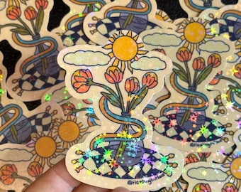 Trippy Flower Vase Sticker - Holographic Vinyl