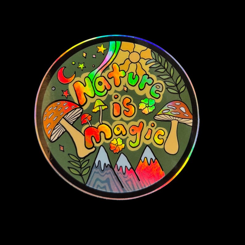 Nature Is Magic Holographic Sticker – Trippy Mountains, Mushrooms, Sun & Moon – 3.5” Waterproof Vinyl – Boho Hiker Gift, Waterbottle decal Bild 6