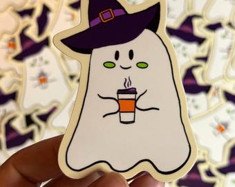 Cute Ghost Sticker Drinking Coffee- Glossy Vinyl