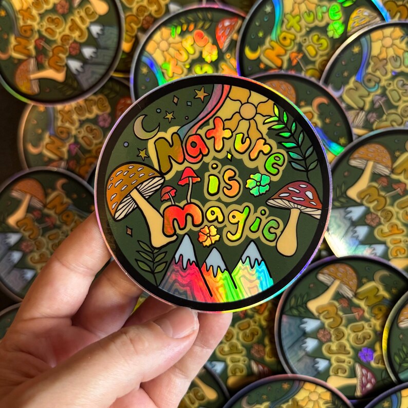 Nature Is Magic Holographic Sticker – Trippy Mountains, Mushrooms, Sun & Moon – 3.5” Waterproof Vinyl – Boho Hiker Gift, Waterbottle decal Bild 5