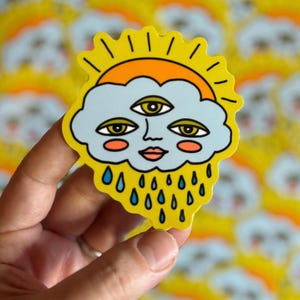 Cute Cloud Vinyl Sticker with Sun and Rain – Weatherproof, Glossy, Durable – Aesthetic Laptop Sticker, Planner Decal