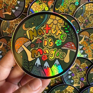 Nature Is Magic Holographic Sticker – Trippy Mountains, Mushrooms, Sun & Moon – 3.5” Waterproof Vinyl – Boho Hiker Gift, Waterbottle decal Bild 7