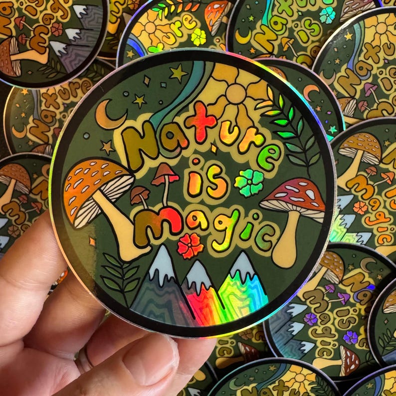 Nature Is Magic Holographic Sticker – Trippy Mountains, Mushrooms, Sun & Moon – 3.5” Waterproof Vinyl – Boho Hiker Gift, Waterbottle decal Bild 7
