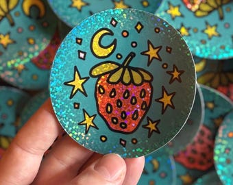 Holographic Strawberry Space Sticker: Weatherproof Vinyl Decal