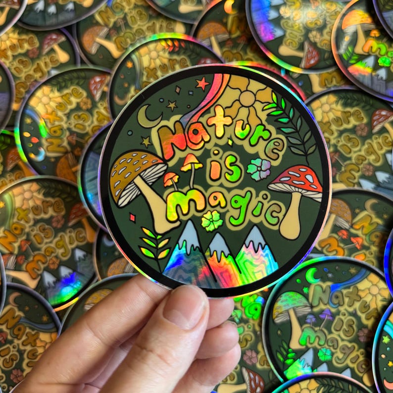 Nature Is Magic Holographic Sticker – Trippy Mountains, Mushrooms, Sun & Moon – 3.5” Waterproof Vinyl – Boho Hiker Gift, Waterbottle decal Bild 3