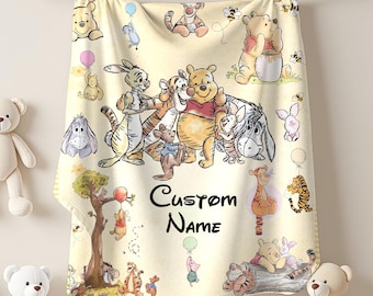 Manta personalizada de Winnie the Pooh para bebé, manta de dibujos animados con nombre personalizado, manta suave para la habitación del bebé, regalo para baby shower, manta de oso, manta infantil personalizada