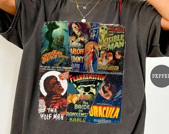 T-shirt vintage film d'horreur, T-shirt poster de monstre classique, T-shirt Dracula Frankenstein Loup-garou, T-shirt rétro Halloween, T-shirt Comfort Colors®