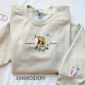 Embroidered Custom Mama Bear Sweatshirt, Mama Est with Kid Name on Sleeve Sweatshirt, Personalized Mom Sweater, Mothers Day Embroider Hoodie