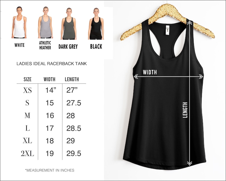 May include: A black racerback tank top with size chart showing measurements in inches. The chart includes sizes XS to 2XL, width and length measurements.