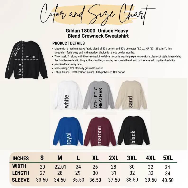 The image is a color and size chart for a Gildan 1800: Unisex Heavy Blend Crewneck Sweater. It provides details about the product, including its fabric blend, size, and measurements.