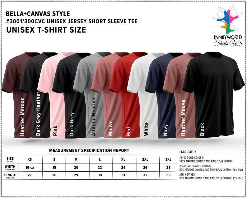 May include: A chart showing the size and colour options for a Bella + Canvas unisex short sleeve t-shirt. The chart includes the following colours: Heather Maroon, Dark Grey Heather, Pink, Dark Grey, Athletic Heather, Mauve, Red, White, Navy, Heather Mauve, and Black. The chart also includes the following sizes: XS, S, M, L, XL, 2XL, and 3XL. The chart also includes the following measurements: Width (in inches) and Length (in inches).