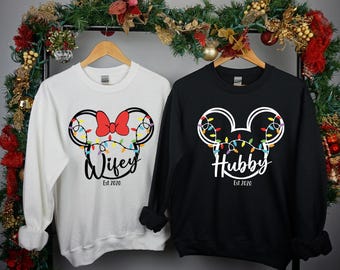 Personalized Disney Mickey and Minnie Just Married Christmas Light Shirt, Couple Xmas Tee, Honeymoon Sweatshirt,Wedding Party Gift Ideas Tee