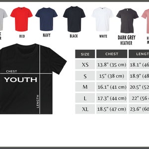 May include: Size chart for youth t-shirts in various colours, including athletic heather, red, navy, black, white, dark grey heather, and heather mauve. The chart shows chest and length measurements in inches and centimetres for sizes XS, S, M, L, and XL.