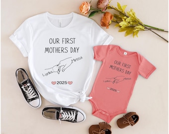 Our First Mother’s Day Shirt, Personalized Mom and Baby Hand Shirt, Matching Mother's Day Gift, Custom Name Tee, Mommy and Me Outfit