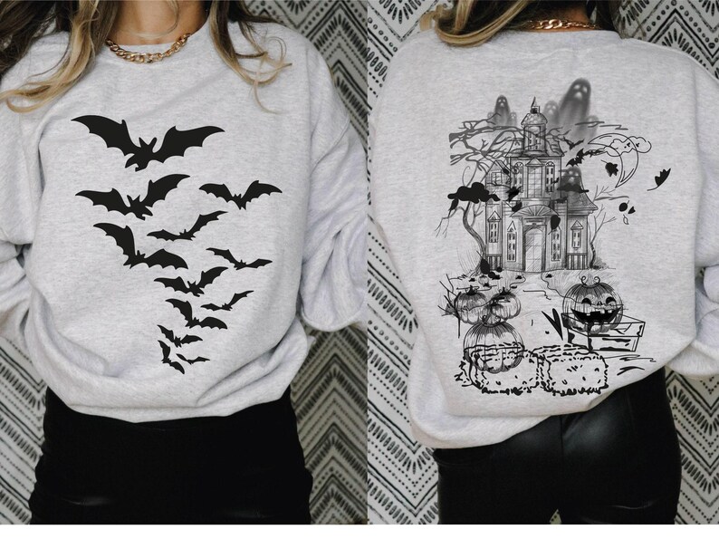 Haunted House Comfort Colors Shirt ,Halloween Sweatshirt,Halloween Party Bats Crewneck,Spooky Season Hoodie,Vintage Halloween Sweater Trendy image 2