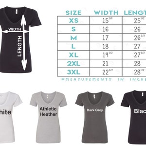 May include: A size chart for a V-neck t-shirt with measurements in inches. The chart shows the width and length of the shirt in different sizes, from XS to 3XL. The shirt is available in five colors: white, athletic heather, dark grey, and black.