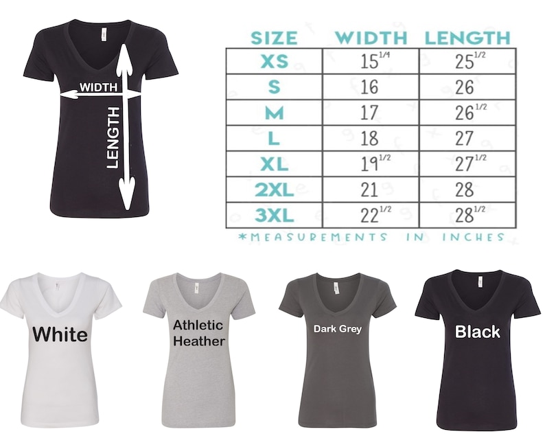 May include: A size chart for a V-neck t-shirt with measurements in inches. The chart shows the width and length of the shirt in different sizes, from XS to 3XL. The shirt is available in five colors: white, athletic heather, dark grey, and black.