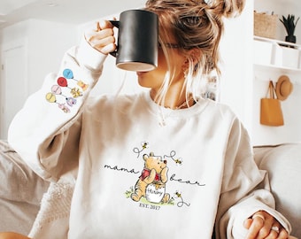 Custom Mama Bear Sweatshirt for Mom, Hoodie for Mother’s Day, Personalized Winnie the Pooh Sweat, Pooh Bear Customizable Sweat Customizable
